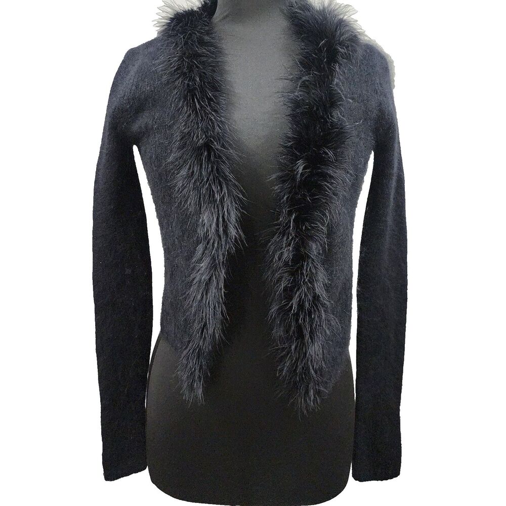 Betsy Johnson NY Rabbit Hair Angora Collar Crop Cardigan Sweater L/S Black MED